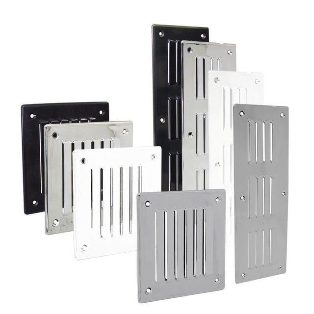 Kunststof ventilatierooster 255x90mm, zwart of grijs, voor optimale luchtcirculatie.