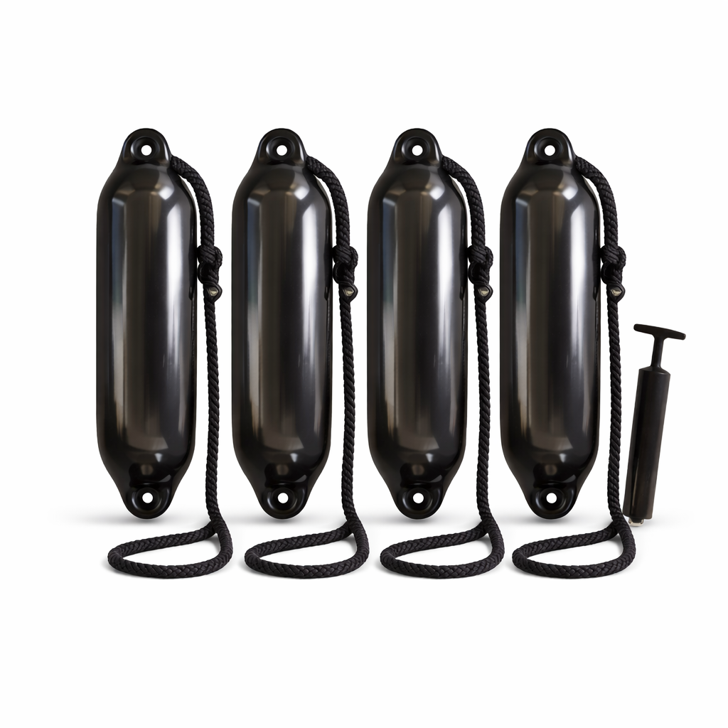 Zwarte bootfender Ø11 x 40 cm met kant-en-klare lijn en opblaaspomp