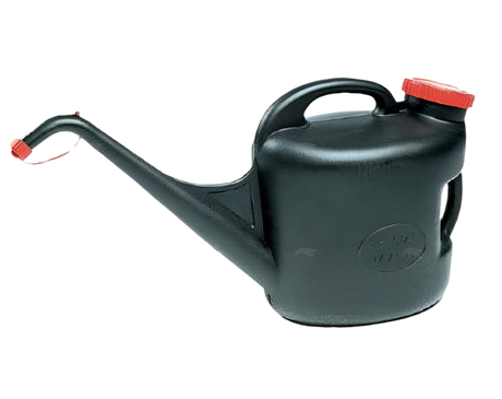 Draagbare brandstofkan van 11 liter met schenktuit en schroefdop, zwart kunststof.