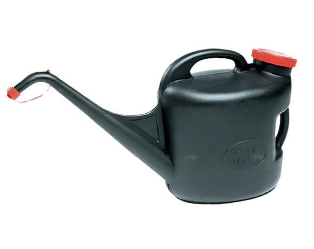 Draagbare brandstofkan van 11 liter met schenktuit en schroefdop, zwart kunststof.