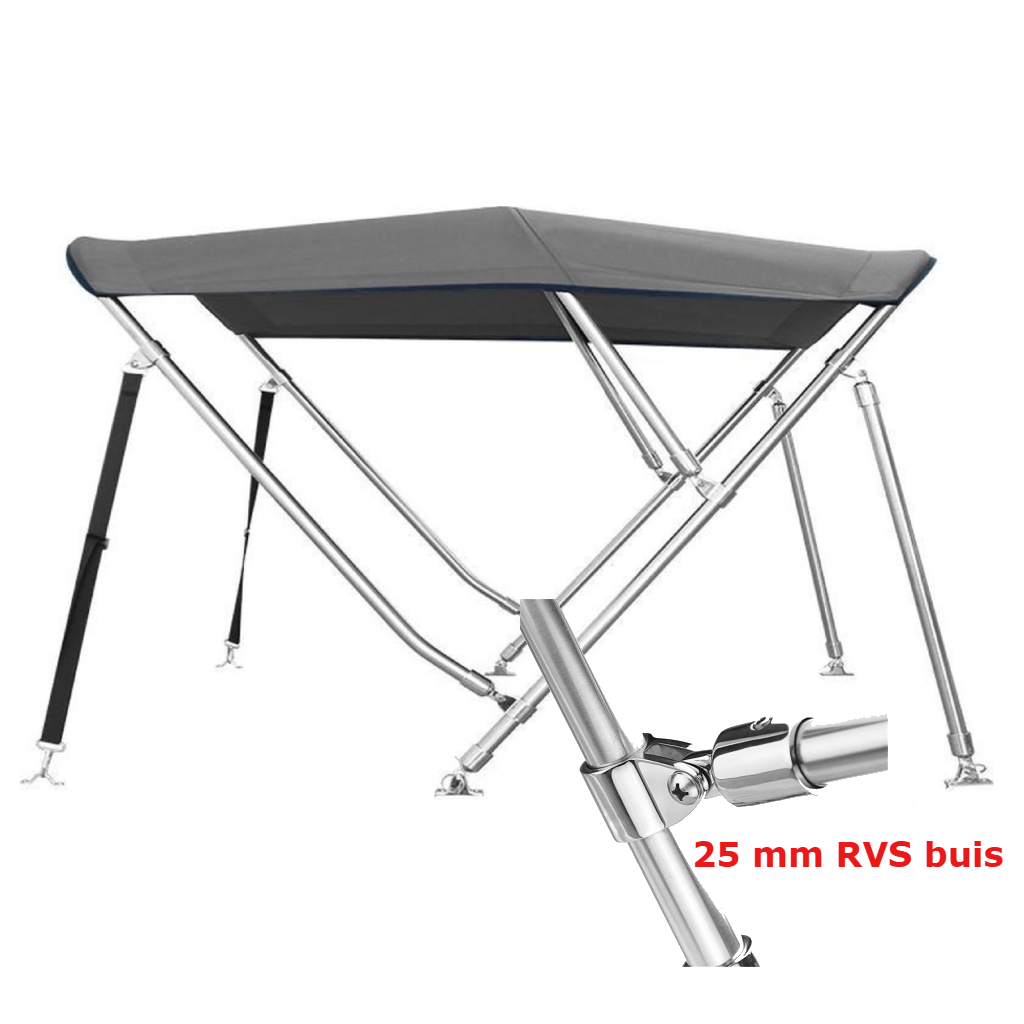 Sunmaster DeLuxe 3-boogs biminitop in antraciet grijs, 183 cm lang met 25 mm RVS frame en 600D doek. Verkrijgbaar in 3 hoogtes.