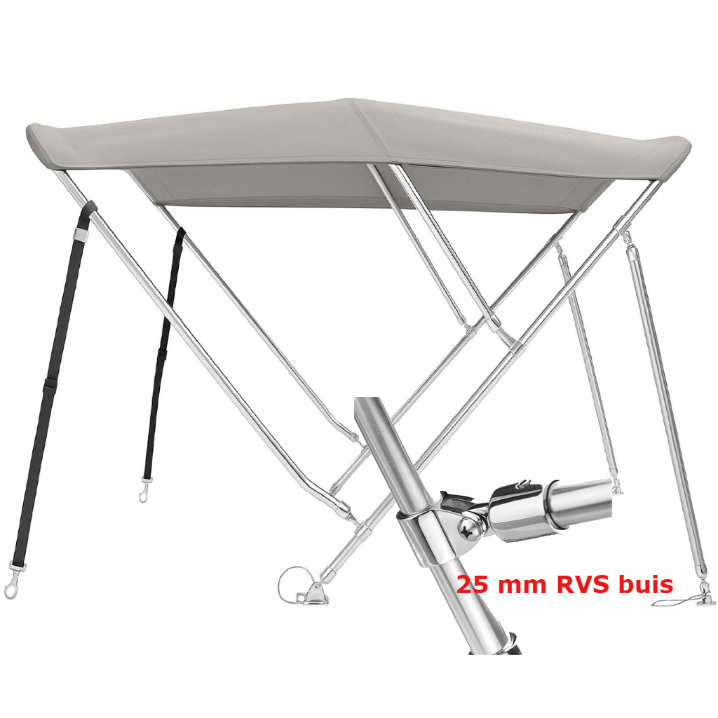 Sunmaster DeLuxe biminitop in lichtgrijs, 3-boogs model van 183 cm, met 25 mm RVS frame en 600D doek. Verkrijgbaar in drie hoogtes.