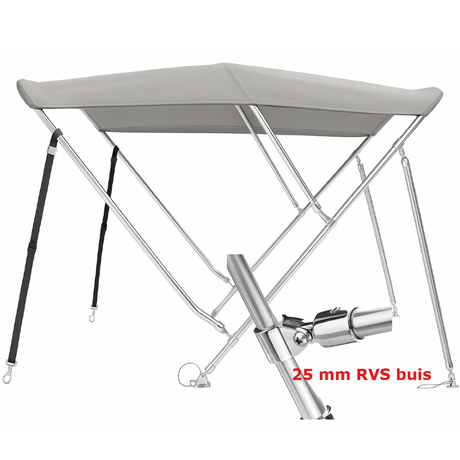 Sunmaster DeLuxe biminitop in lichtgrijs, 3-boogs model van 183 cm, met 25 mm RVS frame en 600D doek. Verkrijgbaar in drie hoogtes.