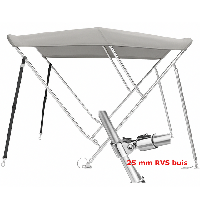Sunmaster DeLuxe biminitop in lichtgrijs, 3-boogs model van 183 cm, met 25 mm RVS frame en 600D doek. Verkrijgbaar in drie hoogtes.