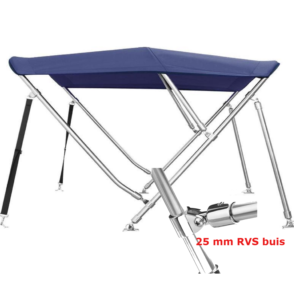 Sunmaster DeLuxe 3-boogs biminitop in navy blauw, 183 cm lang met 25 mm RVS frame en 600D doek. Beschikbaar in 3 hoogtes.