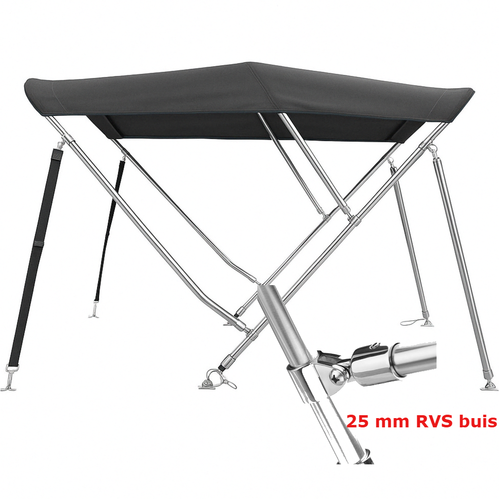 Sunmaster DeLuxe 3-boogs biminitop in zwart, 183 cm lang met 25 mm RVS frame en dik 600D doek. Verkrijgbaar in drie hoogtes.