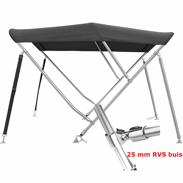 Sunmaster DeLuxe 3-boogs biminitop in zwart, 183 cm lang met 25 mm RVS frame en dik 600D doek. Verkrijgbaar in drie hoogtes.