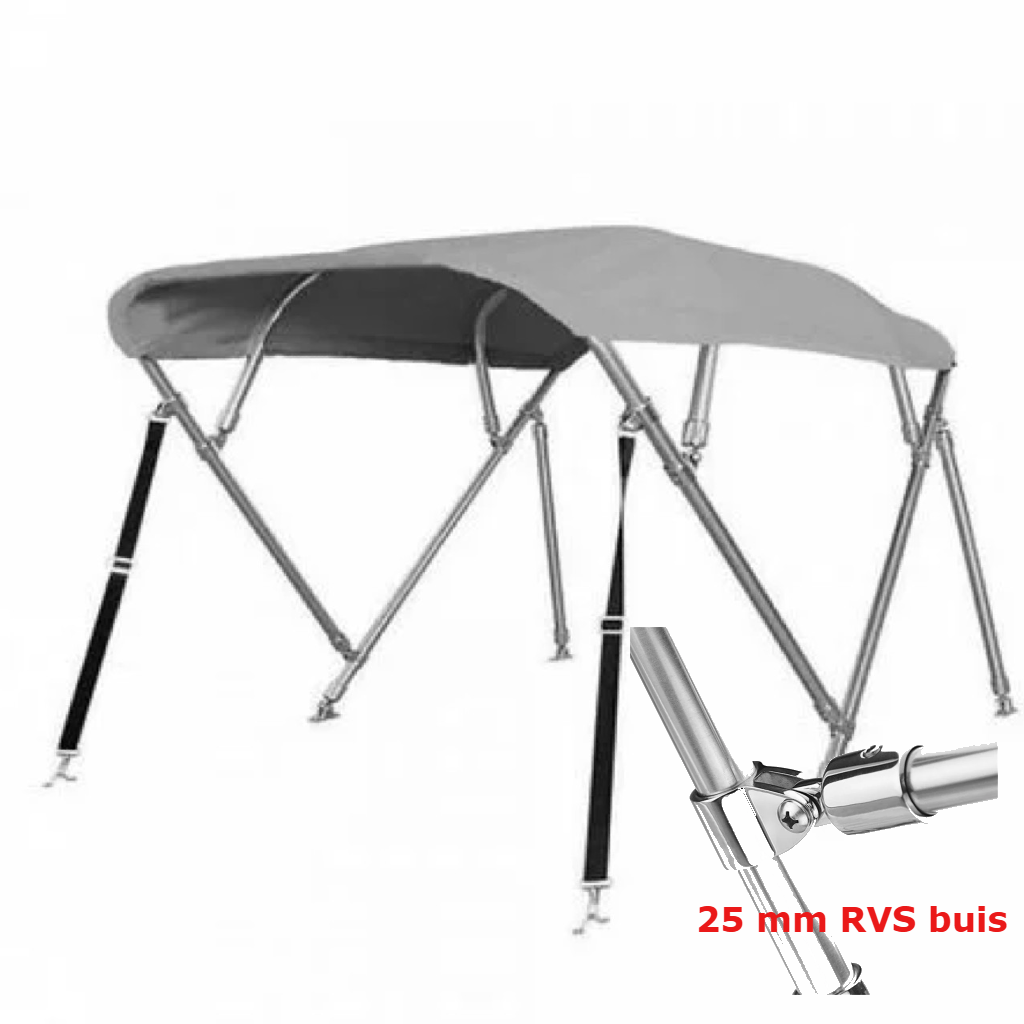 Sunmaster DeLuxe 4-boogs biminitop in lichtgrijs, 232 cm lang, met 25 mm RVS frame en dik 600D doek. Keuze uit 117 of 137 cm hoogte.