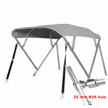Sunmaster DeLuxe 4-boogs biminitop in lichtgrijs, 232 cm lang, met 25 mm RVS frame en dik 600D doek. Keuze uit 117 of 137 cm hoogte.