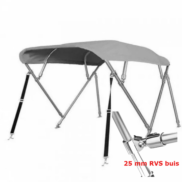 Sunmaster DeLuxe 4-boogs biminitop in lichtgrijs, 232 cm lang, met 25 mm RVS frame en dik 600D doek. Keuze uit 117 of 137 cm hoogte.