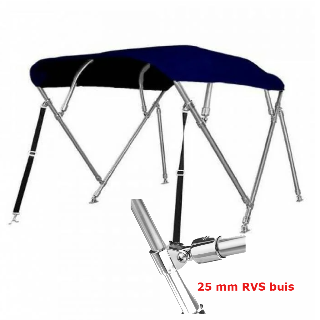 Sunmaster DeLuxe 4-boogs biminitop in navy blauw, 232 cm lang met 25 mm RVS frame en dik 600D doek. Keuze uit 117 of 137 cm hoogte.