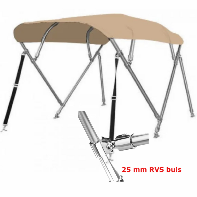 Sunmaster DeLuxe 4-boogs biminitop in taupe, 232 cm lang met 25 mm RVS frame en dik 600D doek. Keuze uit 117 of 137 cm hoog.