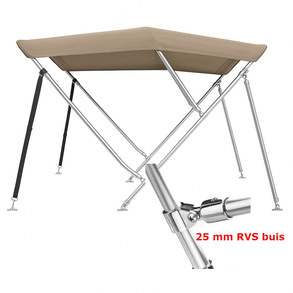 Sunmaster DeLuxe 3-boogs biminitop in taupe met 25 mm RVS frame, 183 cm lang, 600D doek. Verkrijgbaar in 3 hoogtes. Stevig en luxe afgewerkt.
