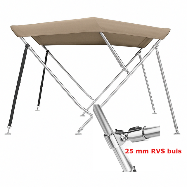 Sunmaster DeLuxe 3-boogs biminitop in taupe met 25 mm RVS frame, 183 cm lang, 600D doek. Verkrijgbaar in 3 hoogtes. Stevig en luxe afgewerkt.