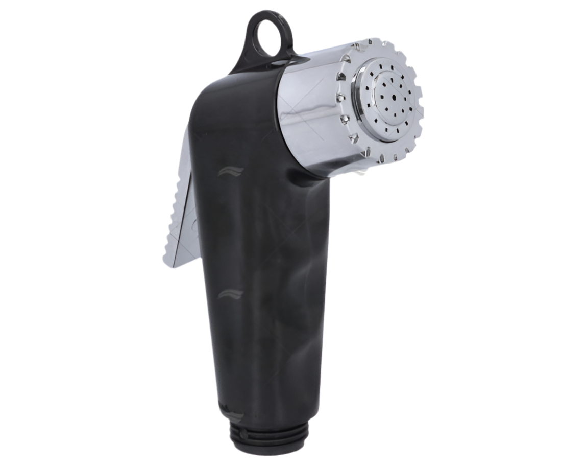 Zwarte Aravon douchekop 1/2" BSP-20 met witte en verchroomde accenten, geschikt voor boot en buitengebruik.