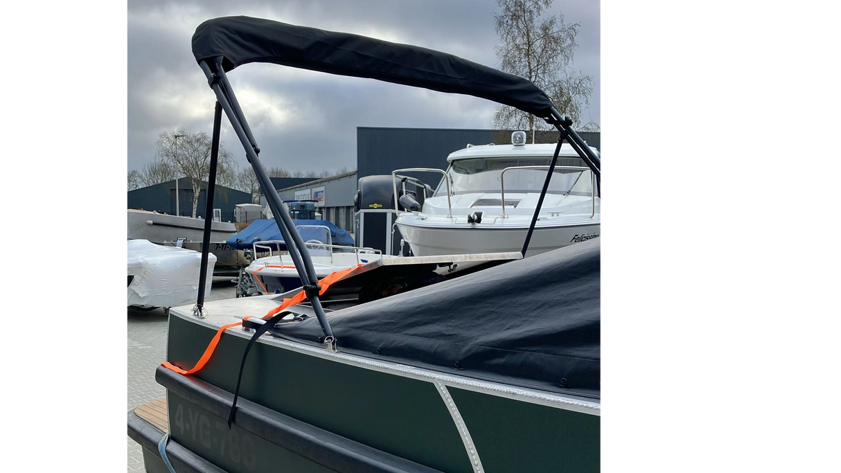 3-boog biminitop antraciet – 117 cm hoog, 183 cm lang, buisdikte 25 mm, met afdekhoes en bevestigingsmateriaal.