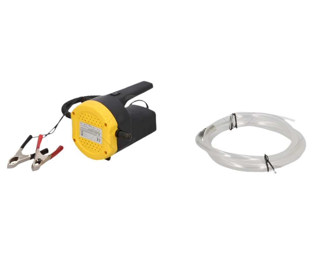 Olie extractiepomp 12V 100W met accuklemmen en slangen voor eenvoudig verversen van motorolie.