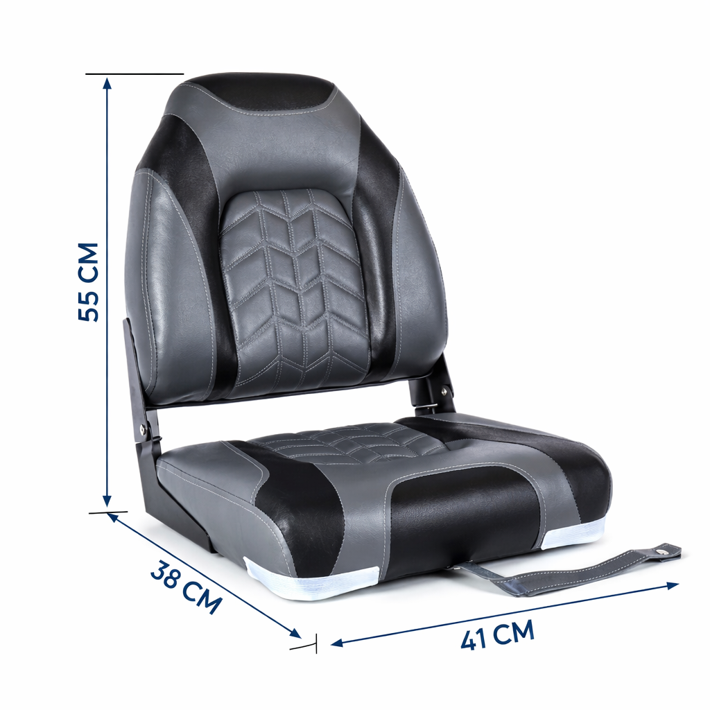 Zwart met grijze opvouwbare bootstoel met hoge rugleuning, afmetingen 55 cm hoog, 41 cm breed en 38 cm diep, met metalen scharnieren en bevestigingsband. afmetingen technische tekening