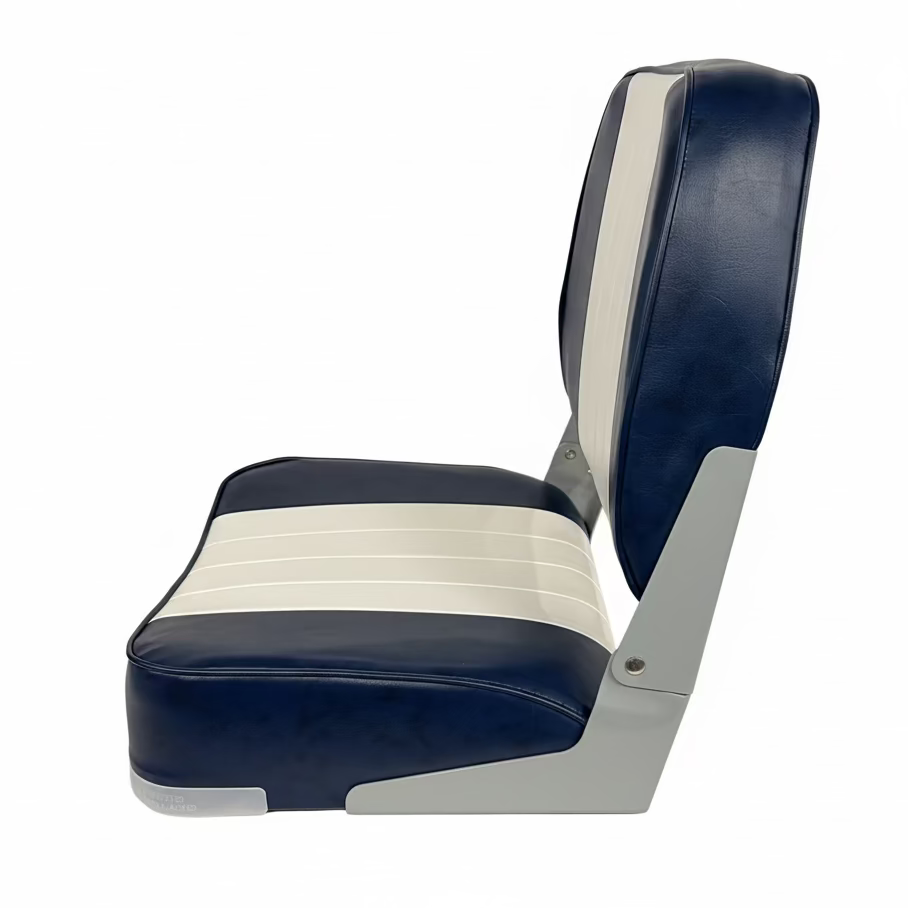 Lage rug bootstoel wit navy blauw opvouwbaar model 49x40x39 cm met 13x13 cm montagepatroon technische tekening zijkant