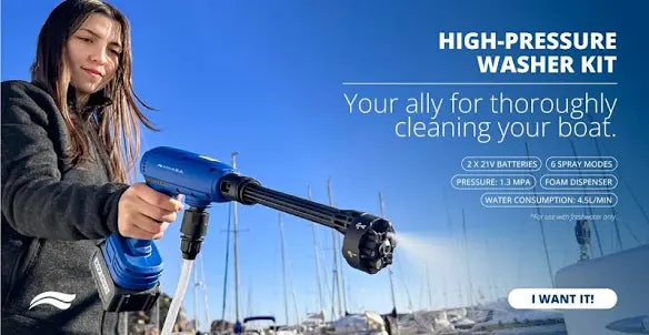Draadloze hogedrukreiniger met accessoires en 5 meter slang voor gebruik bij boot, auto of tuin