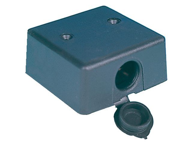 Wandcontactdoos 12V opbouw, kunststof behuizing met rubberen afdekking.