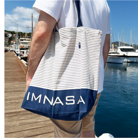 IMNASA strandtas van gerecycled katoen met blauwe rand en strepen – model 18400052, 48x40x15 cm