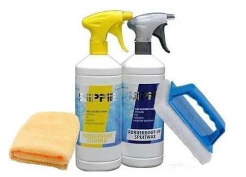 Sjippie Rubberboot Pakket met reiniger en UV Spuitwax, inclusief scrubbyhouder en microvezeldoek voor optimale bescherming.