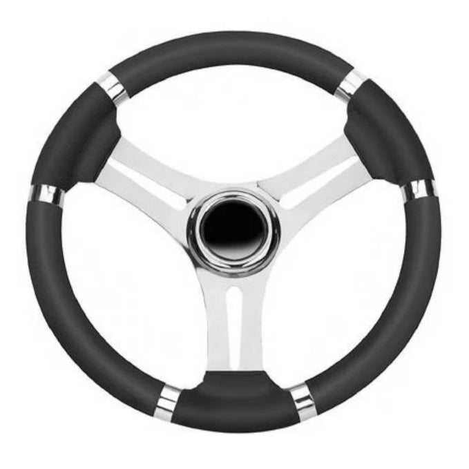 Stuurwiel T18RB/35 – Zwart met RVS, Ø35 cm, PU-leather look bekleding, plat design.