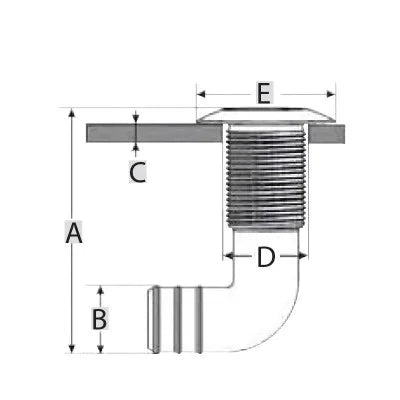 huiddoorvoer elleboog 38 mm voor afvoer naar zee, geschikt voor boot slang Ø38 mm technische tekening