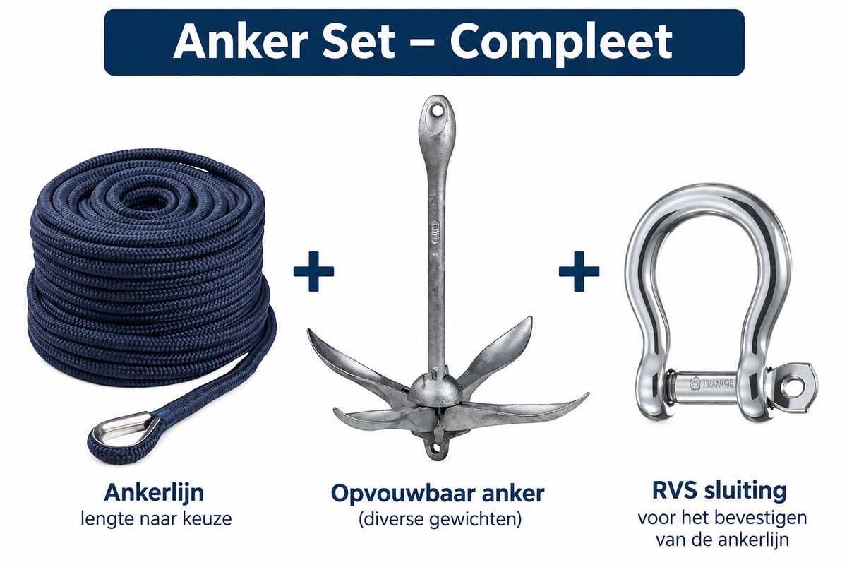 Complete ankerset met blauwe ankerlijn, opvouwbaar gegalvaniseerd anker en RVS harpsluiting voor gebruik op de boot.