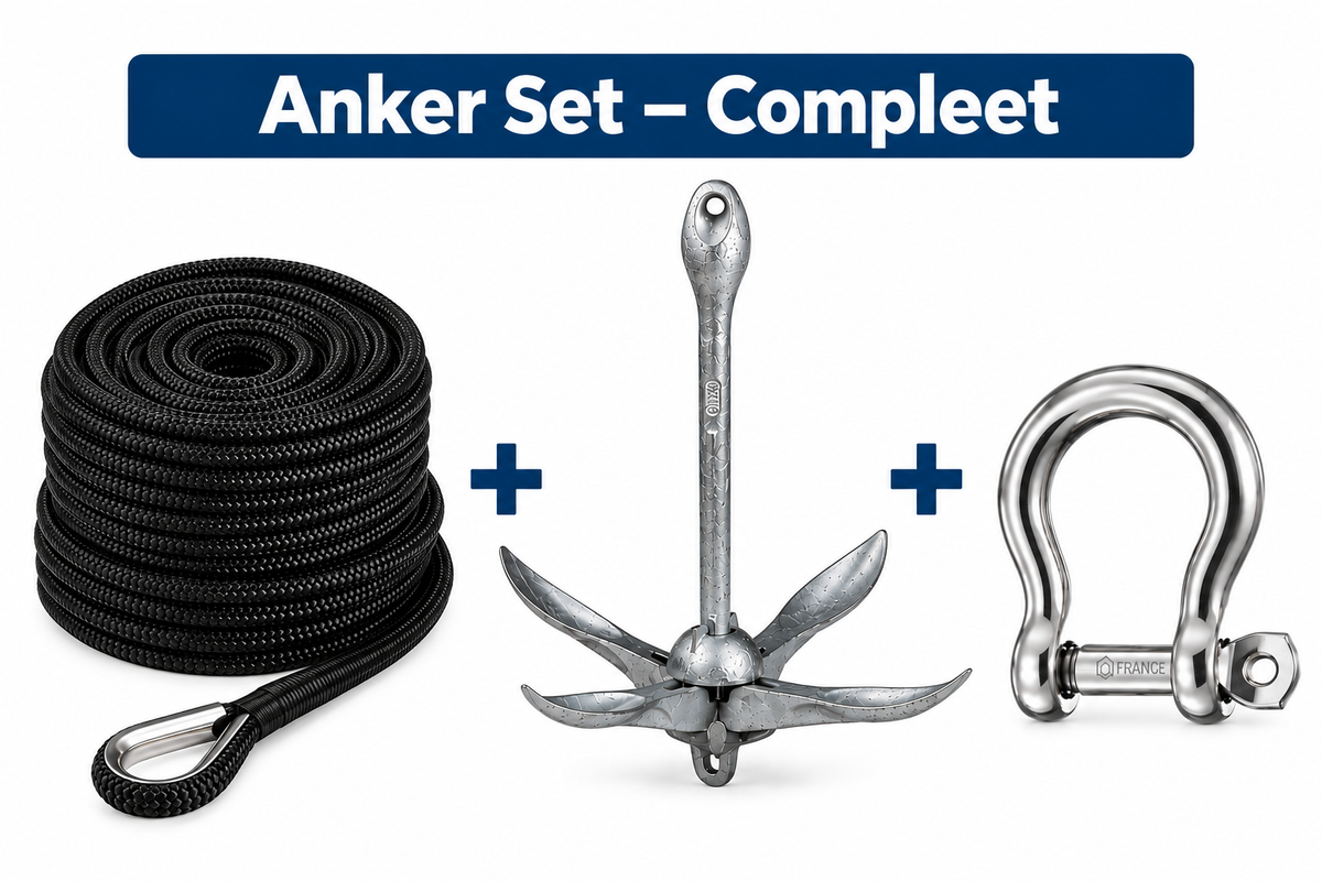Complete ankerset met zwarte ankerlijn, opvouwbaar gegalvaniseerd anker en RVS harpsluiting voor gebruik op de boot.