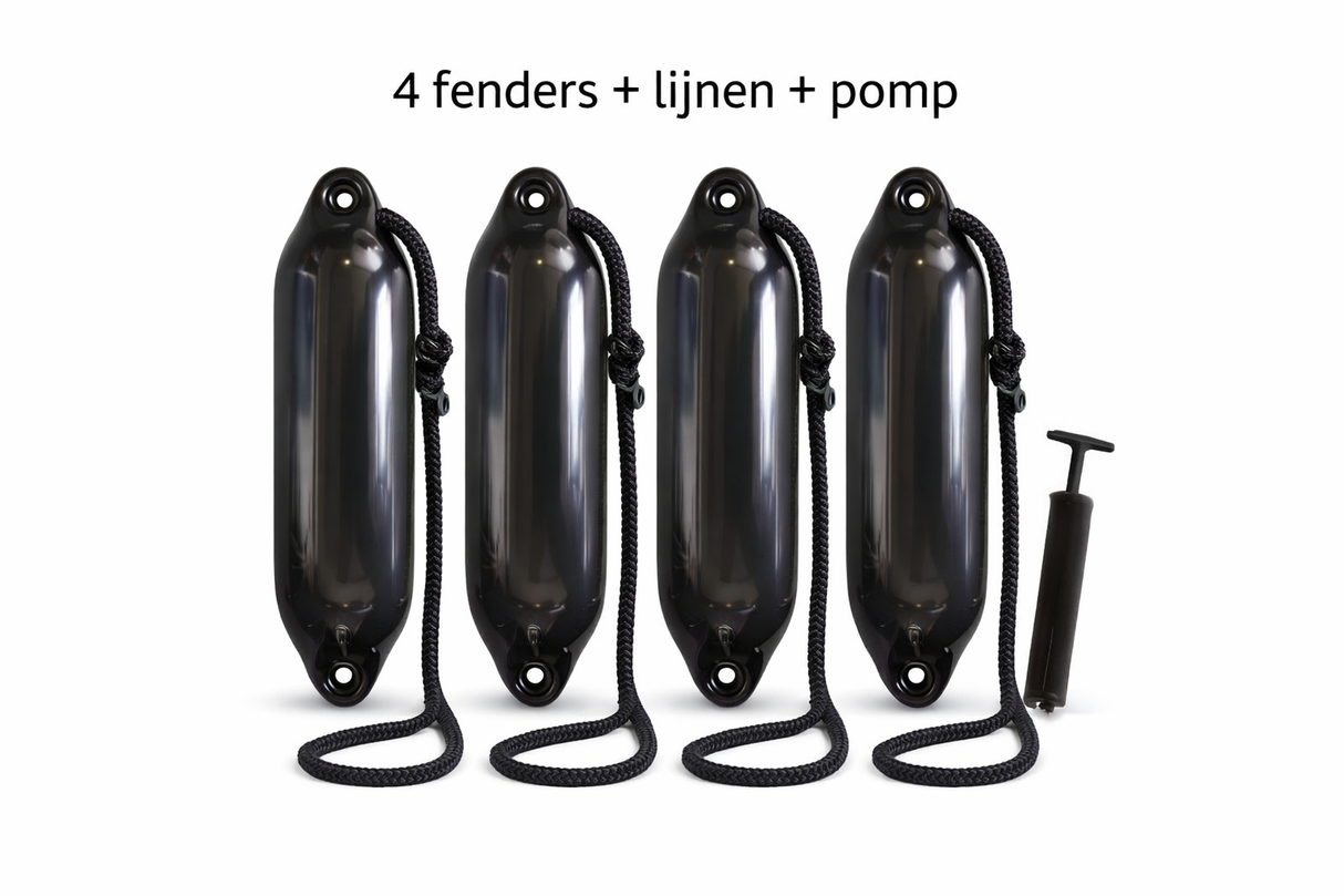 Zwarte bootfender Ø11 x 40 cm met kant-en-klare lijn en opblaaspomp