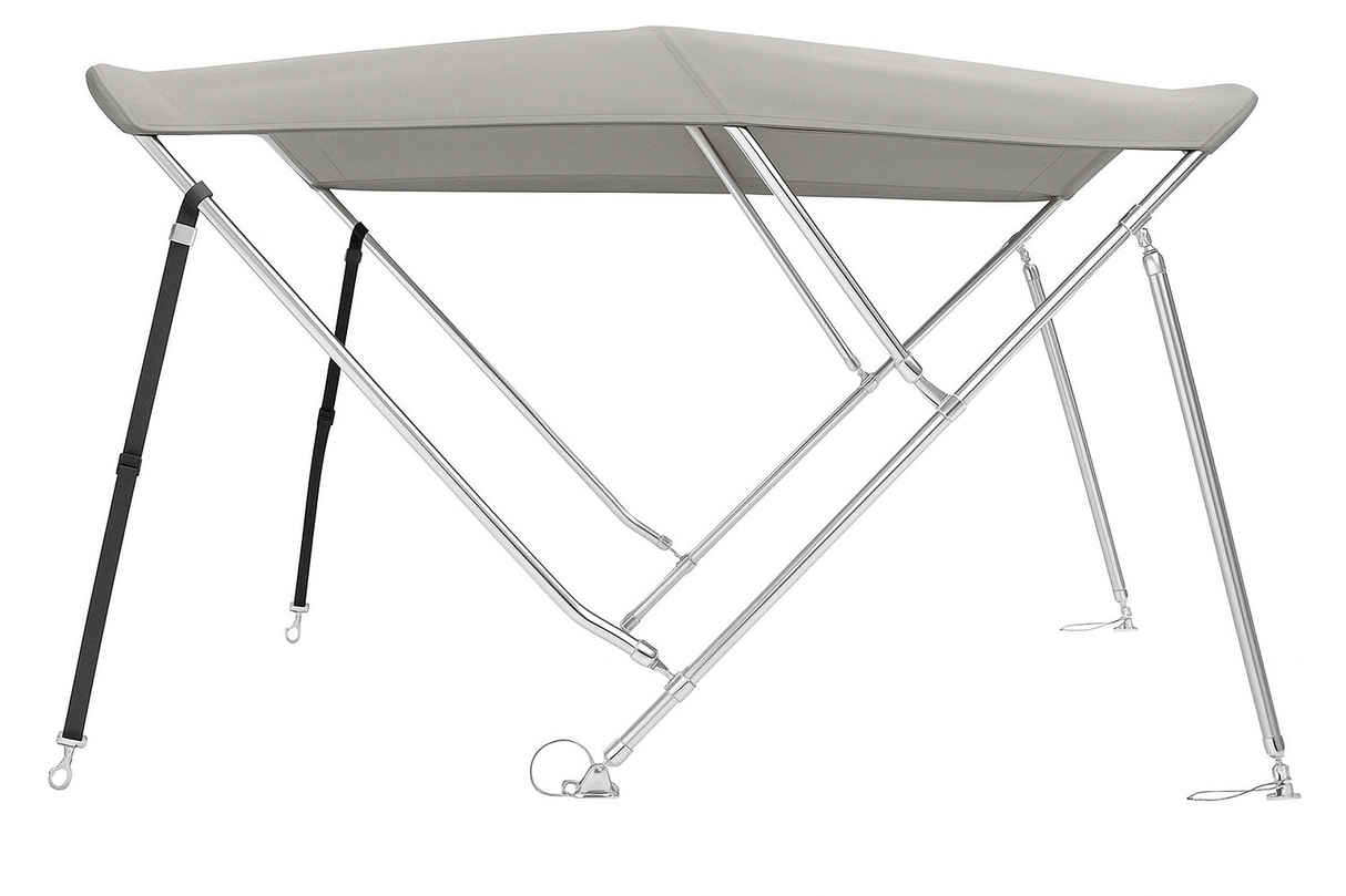 Sunmaster DeLuxe biminitop in lichtgrijs, 3-boogs model van 183 cm, met 25 mm RVS frame en 600D doek. Verkrijgbaar in drie hoogtes.