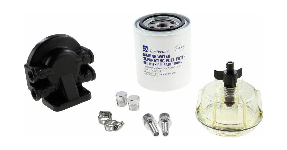 Easterner C14573P benzinefilter met glazen kijkglas, 10 micron AquaStop cartridge, 3/8” messing aansluitingen en aftapkraan.