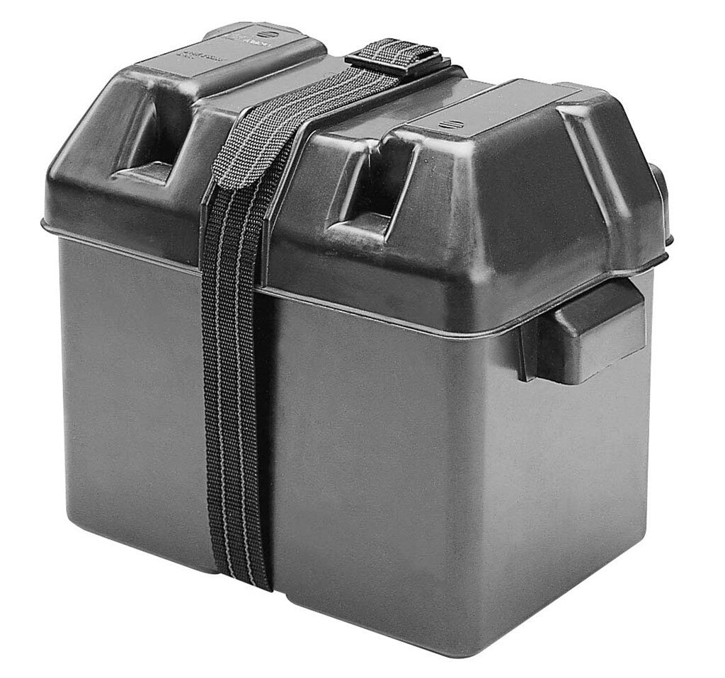 Closed battery box with tension strap. Size 194 x 343 mm