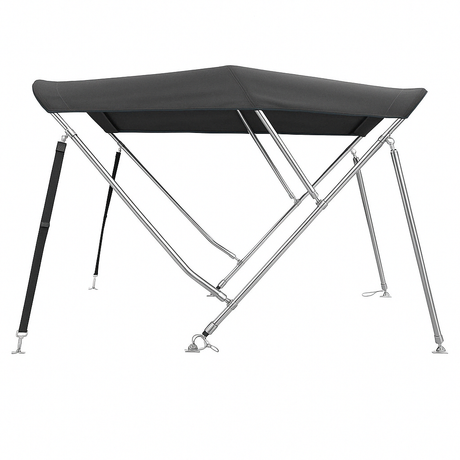 Antracietgrijze 3-boogs biminitop van RVS 22 mm met doek, hoes en achtersteunen, lengte 183 cm, hoogte naar keuze 91/117/137 cm.