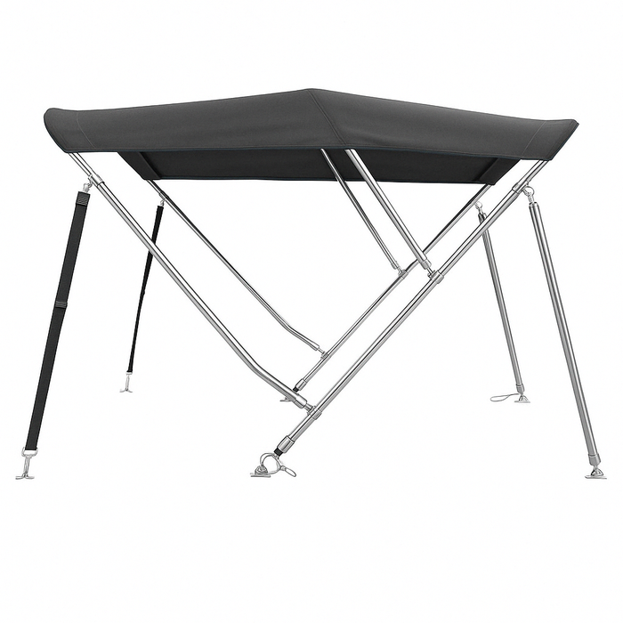 Antracietgrijze 3-boogs biminitop van RVS 22 mm met doek, hoes en achtersteunen, lengte 183 cm, hoogte naar keuze 91/117/137 cm.