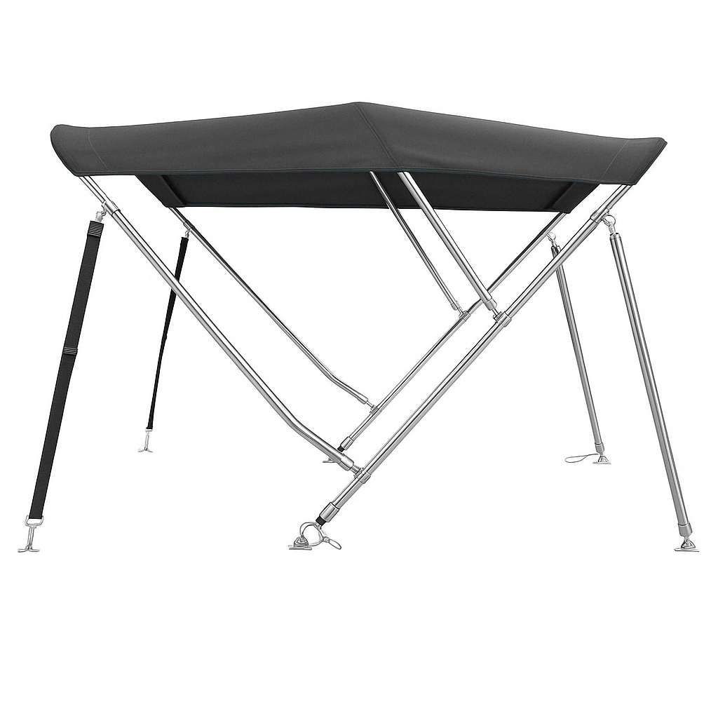 Sunmaster DeLuxe 3-boogs biminitop in zwart, 183 cm lang met 25 mm RVS frame en dik 600D doek. Verkrijgbaar in drie hoogtes.