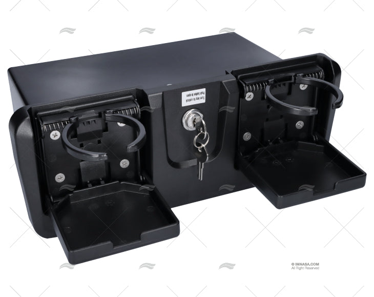 Zwart inbouw opbergvak (dashboardkastje) met afsluitbaar slot en twee opklapbare bekerhouders – geschikt voor inbouw op een bootdashboard