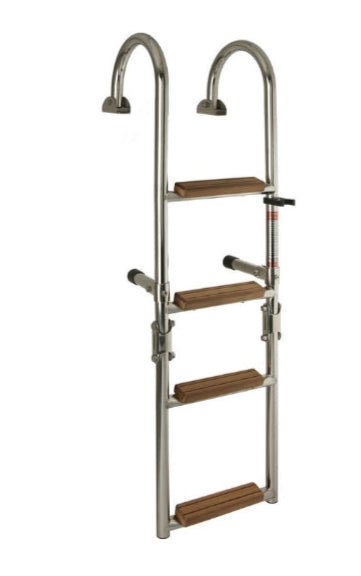 Teak houten zwemtrap met 4 treden en RVS 316 handrail, ideaal voor boten en steigers.