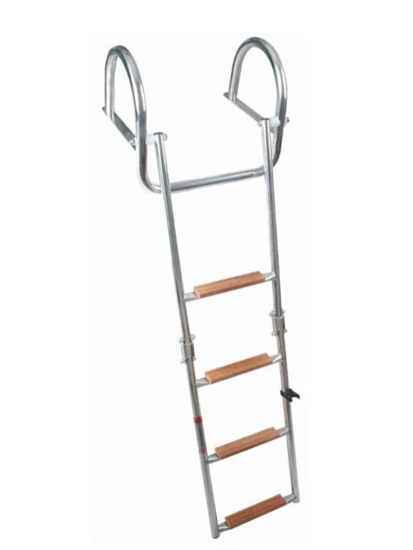 Telescopische RVS 316 zwemtrap met 4+1 teak treden en handvat, geschikt voor boten en steigers.