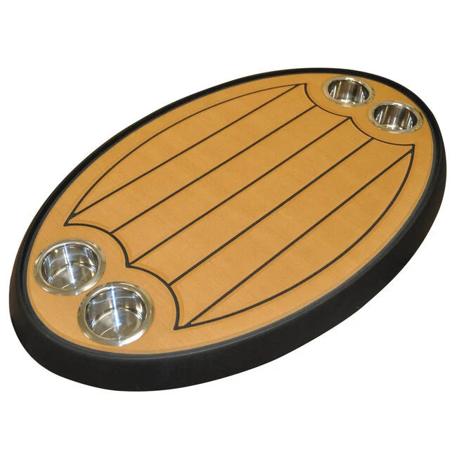 Kunststof ovaal tafelblad van 46x76 cm met UV-bestendig zwart blad, lichtbruine inleg en RVS bekerhouders.