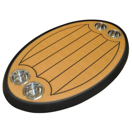 Kunststof ovaal tafelblad van 46x76 cm met UV-bestendig zwart blad, lichtbruine inleg en RVS bekerhouders.