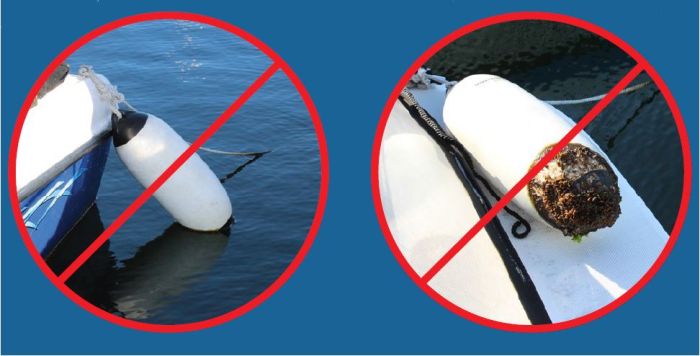 Set van 6 Dan-Fender Danny fenders in wit en navy blauw, diameter 170 mm, met enkel oog aan onderzijde