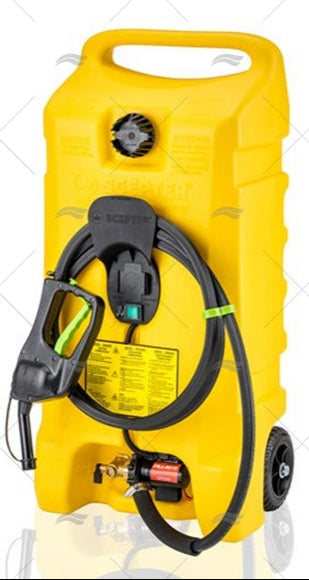 Gele verrijdbare dieseltank van 53 liter met Fill-Rite pomp, messing afsluitkraan, vulpistool en stevige rubberen wielen