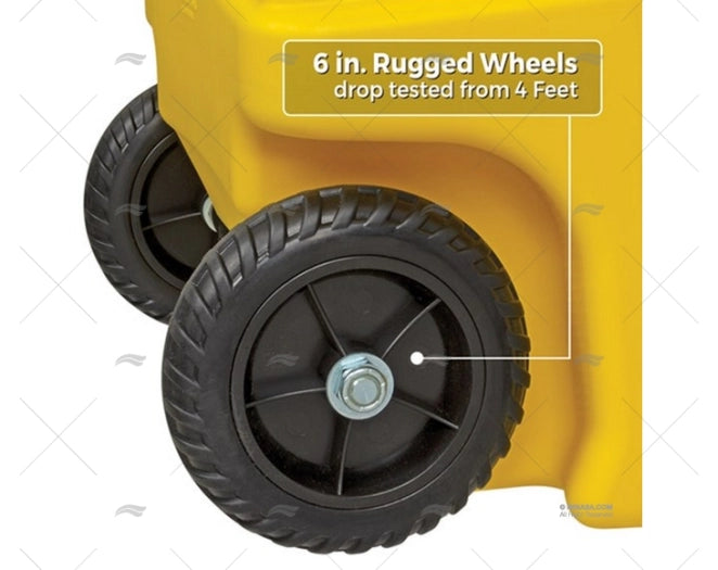 Gele verrijdbare dieseltank van 53 liter met Fill-Rite pomp, messing afsluitkraan, vulpistool en stevige rubberen wielen