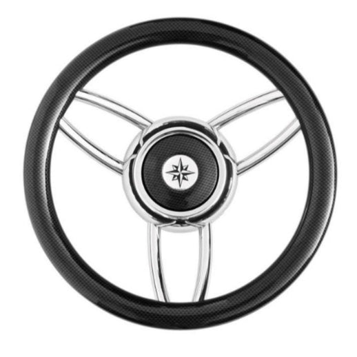 Boot stuur zwart carbonlook Ø35 cm – 6 RVS spaken, glanzende afwerking, rosa dei venti middenkap.