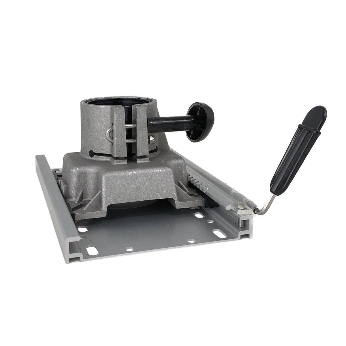 Verstelbare aluminium stoelpoot 35-50 cm met slede en draaifunctie voor bootstoelen.