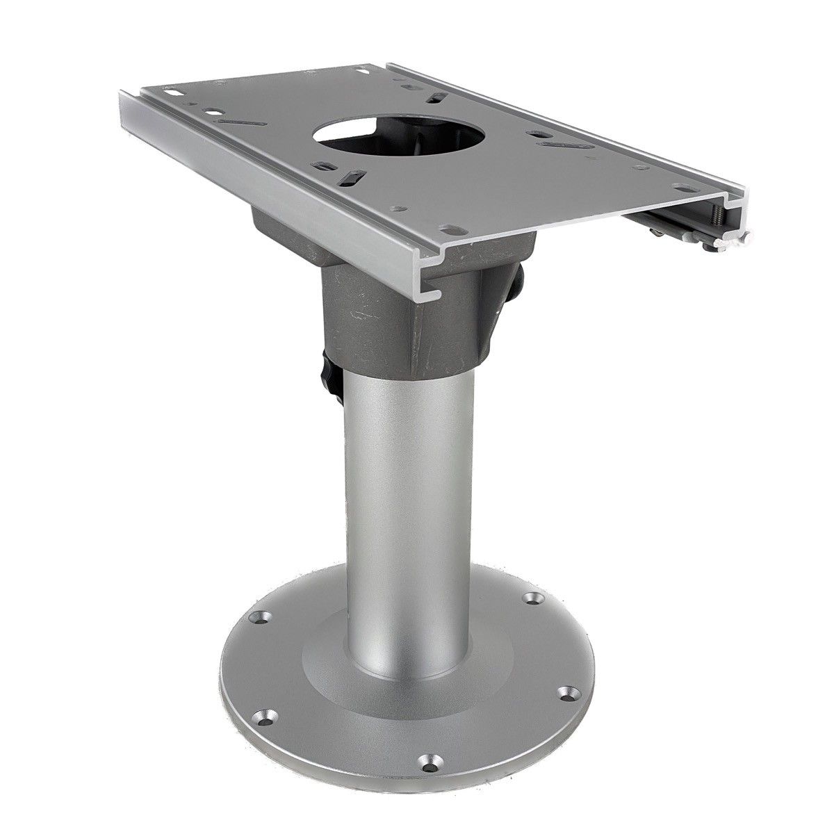 Verstelbare aluminium stoelpoot 35-50 cm met slede en draaifunctie voor bootstoelen.