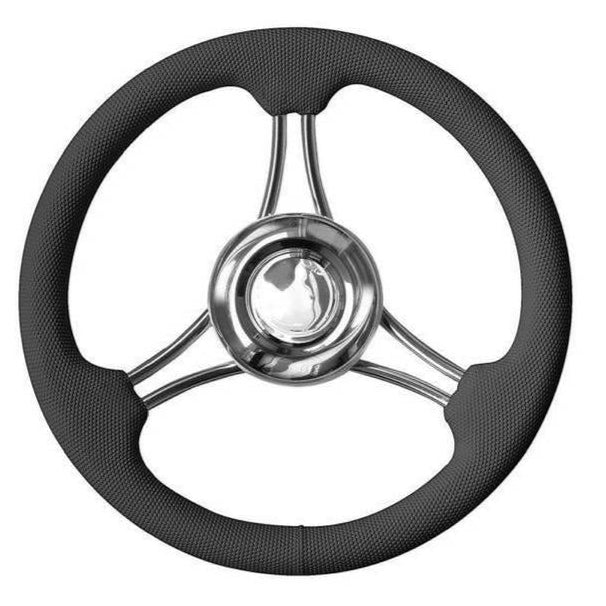 Stuurwiel T22RG/35 – Zwart met RVS, Ø350 mm, PU-schuimbekleding, 6 gebogen spaken.